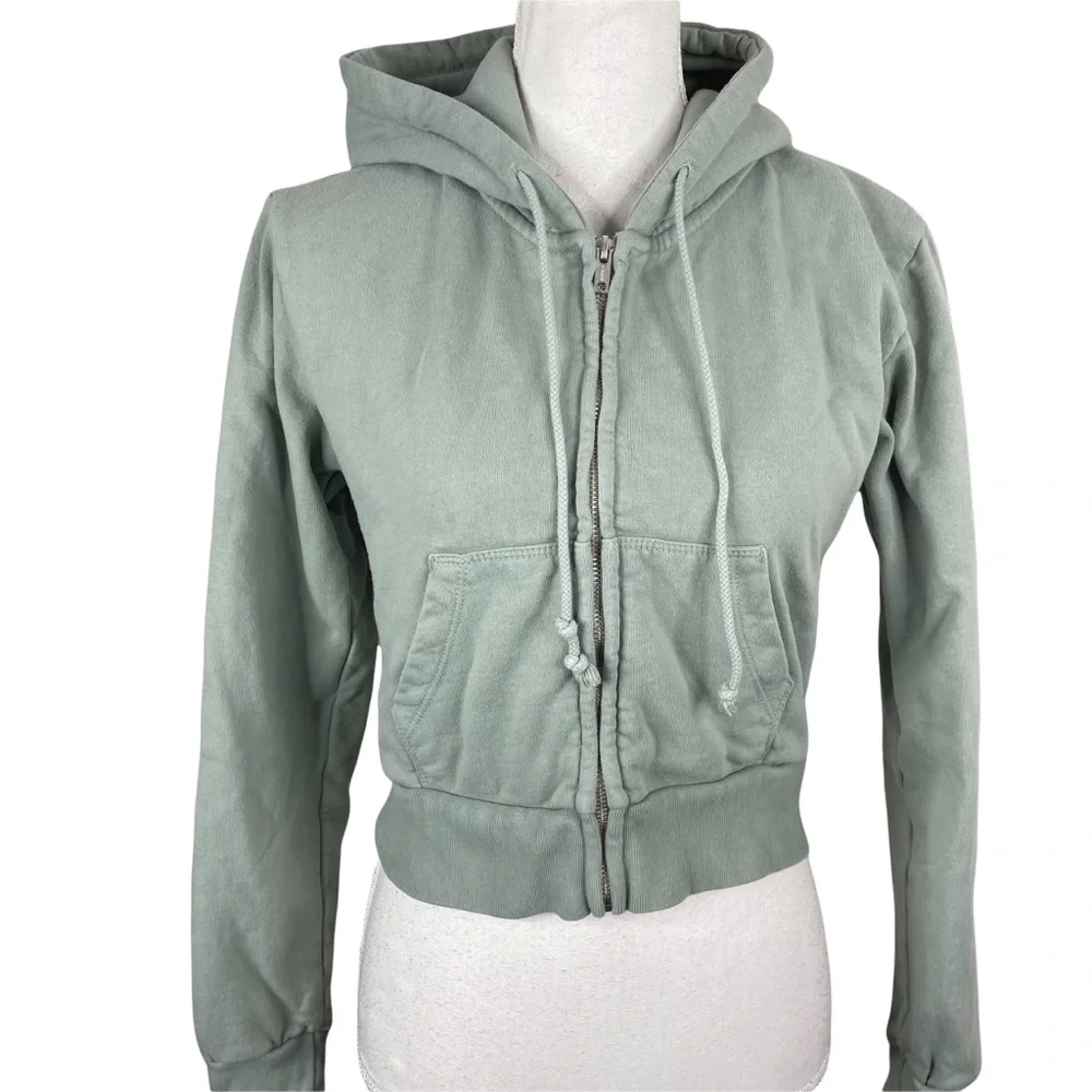 John Galt California Brandy Melville Sage Green Cropped Zip Front Hoodie Pockets - Picture 2 of 9